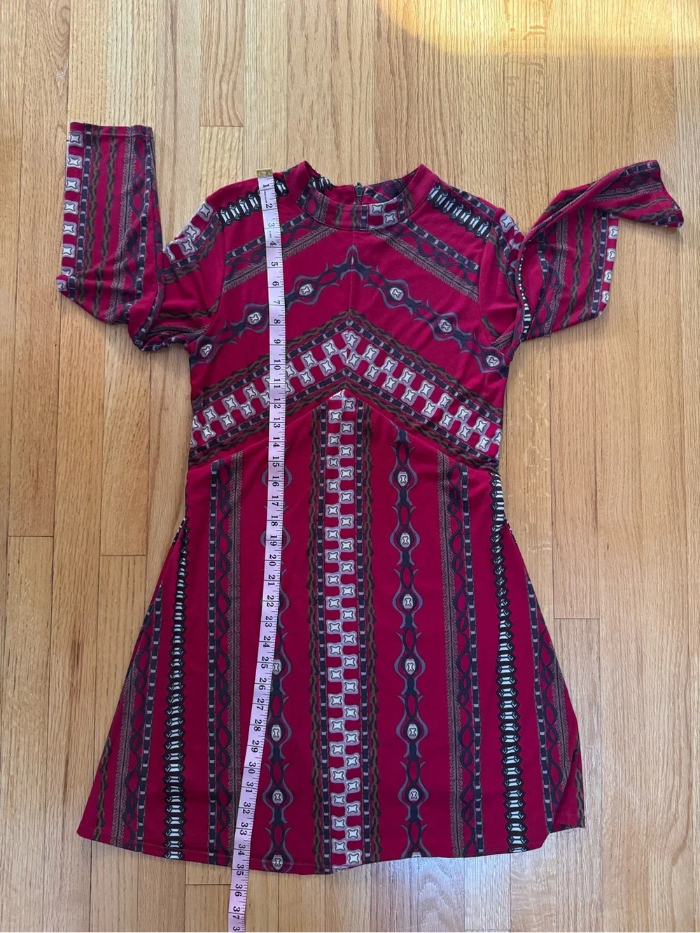 Free People Stella Long Sleeve Mini Dress Red Geo Print Retro 70s Boho M